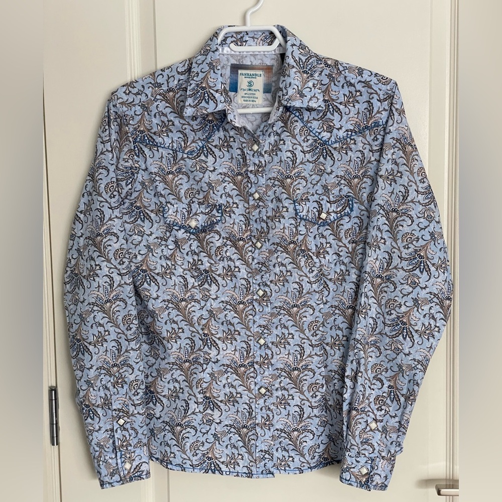 ROUGH STOCK Panhandle Blue Floral Western Button Down Shirt Size Small